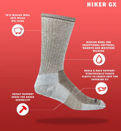 J.B. Field's "Hiker GX" 74% Merino Wool Hiking Crew Sock